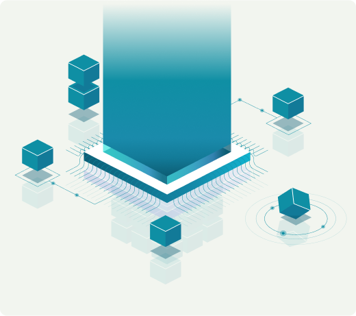 Digital illustration showing a large teal gradient column in the center, standing on a platform with circuit-like patterns. Surrounding the central structure are several smaller teal cubes positioned at different points, some with connecting lines and circular patterns.