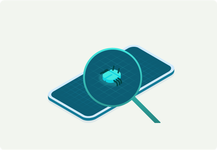 Illustration of a magnifying glass identifying a bug in a smartphone or mobile device. The image symbolizes concepts like mobile security scanning and app debugging.